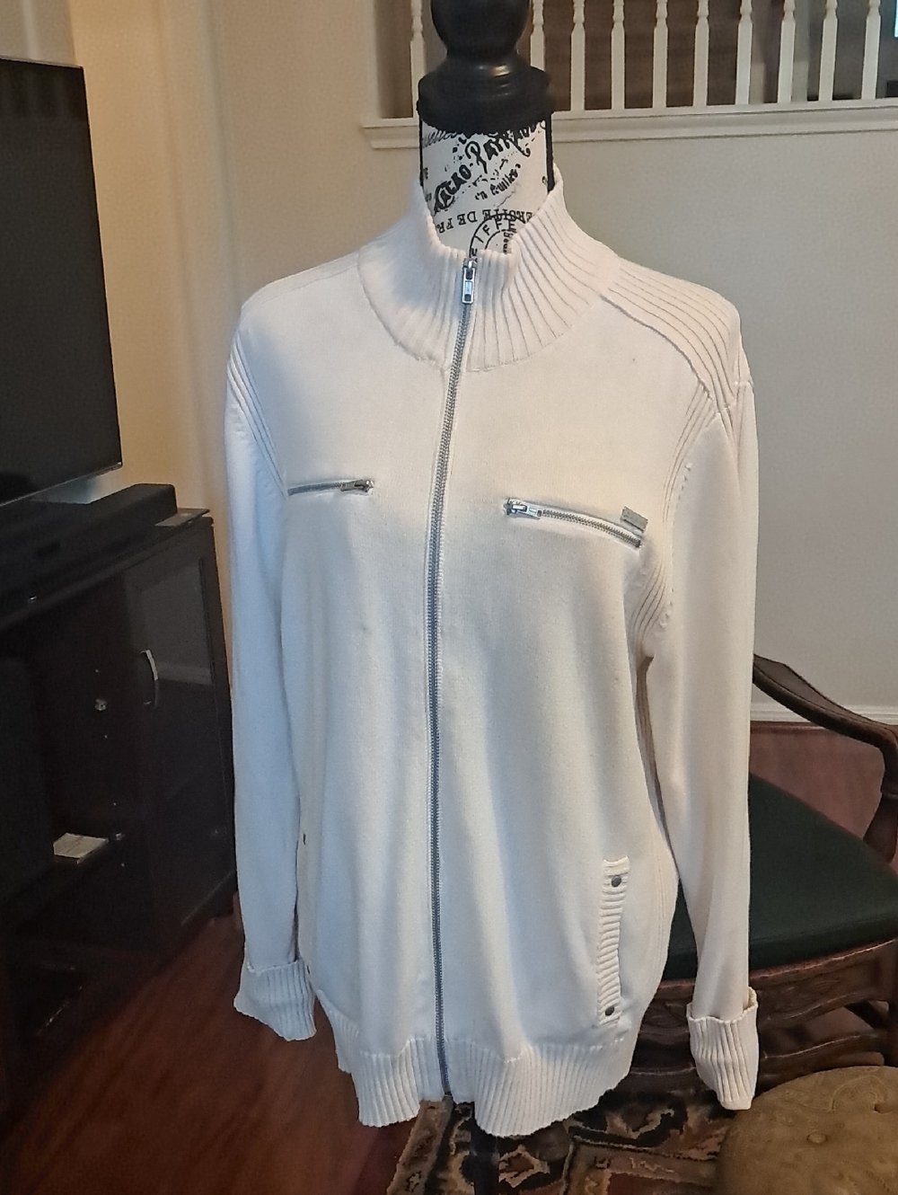 G By Guess Men's Full-Zip Ribbed Collar Sweater Large